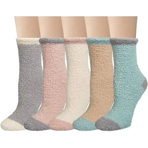 Huissokken - 5 Paar - Wintersokken - Bedsokken Dames - Koraal Fleece - Warme Sokken - Slofsokken - One Size - 34-40 - Grijs + Beige + Khaki + Blauw + Roze