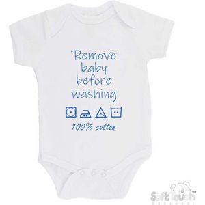 100% katoenen Romper ""Remove baby before washing 100% cotton"" Jongens Katoen Wit/blauw Maat 56/62