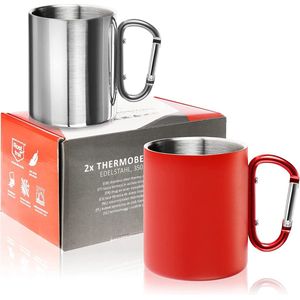 2 x roestvrijstalen thermosbekers met karabijnhaak handvat - 350 ml per koffiekop - thermische drinkbeker onbreekbaar - dubbelwandige isolatiebekers (2 stuks - roestvrij staal)