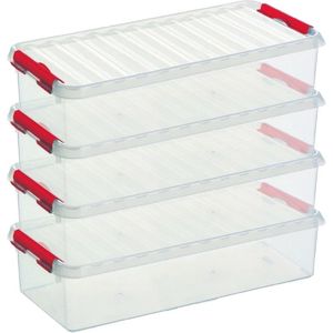8x Sunware Q-Line opberg boxen/opbergdozen 6,5 liter 48,5 x 19 x 10,5 cm kunststof - Langwerpige/smalle opslagbox - Opbergbak kunststof transparant/rood