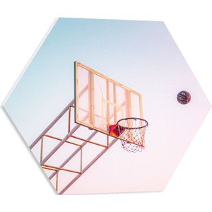 PVC Schuimplaat Hexagon - Bal Vallend in Basket onder Blauwe Lucht - 50x43.5 cm Foto op Hexagon (Met Ophangsysteem)