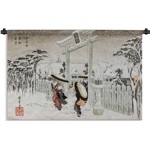 Wandkleed Geschilderde Winter - Antieke illustratie van Japanse poort in de winter Wandkleed katoen 150x100 cm - Wandtapijt met foto