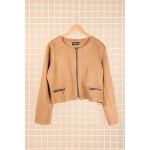 Kort daim vestje met ritssluiting en sierzakken - grote maten - Camel - maat 46/48