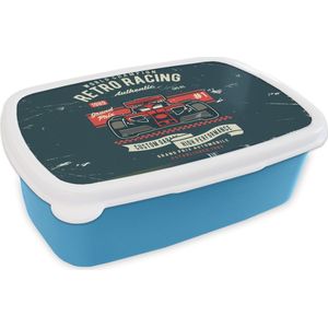 Broodtrommel Blauw - Lunchbox - Brooddoos - Raceauto - Racebaan - Retro - Tekening - 18x12x6 cm - Kinderen - Jongen