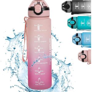 Drinkfles 1 liter met rietje, BPA-vrije Tritan-waterfles, sportwaterfles met afsluitdeksel voor school, buiten, sport en kantoor (roze)