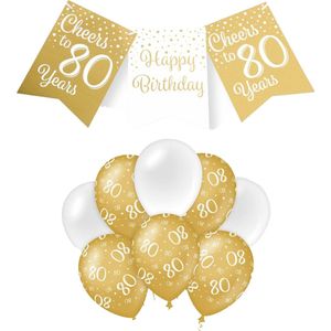 Paperdreams Luxe 80 jaar feestversiering set - Ballonnen & vlaggenlijnen - wit/goud