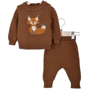 Minora Newborn Baby Kleding Set - Jongens en Meisjes - Winterbroek en trui- Kraamcadeau - Babyshower-Newborn tweedelige gestreepte set met vos -Bruin-1/3 Maanden- Sinterklaas