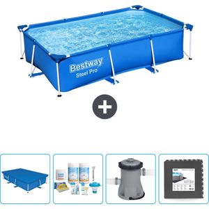 Bestway Rechthoekig Steel Pro Zwembad - 259 x 170 x 61 cm - Blauw - Inclusief Afdekzeil - Onderhoudspakket - Pomp - Vloertegels