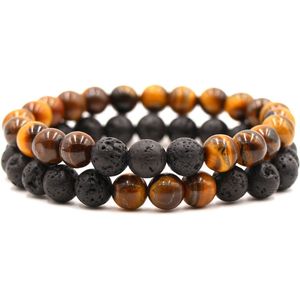 Bixorp Gems Dubbele Natuursteen Armband voor Man & Vrouw - Oranje/Zwart contrast - Edelsteen Armband Cadeau - Lavasteen - 18cm