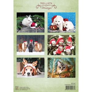 NEVI097 Nellie Snellen - A4 Decoupage knipvel Celebrating Christmas - winter sneeuw dieren hond konijn vogel met kerstmuts - Santa dier