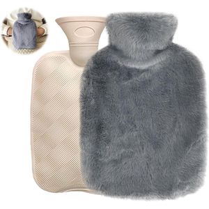Wollige warmwaterkruik 2 l met kangoeroezak - lekvrije bedfles voor pijnverlichting - grijs