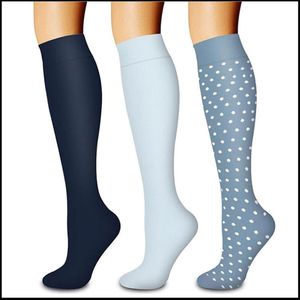 3-compressie sokken voor vrouwen - Sportcompressiekousen - Lange compressiekousen voor dames - vrouwen compressiekousen - Rekbare compressiekousen - voor hardlopen, atletische, reizen-Marineblauw/Lichtblauw/Blauwe cirkel-L/XL