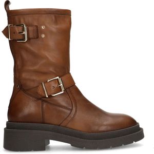 Sacha - Dames - Cognac leren biker boots met goudkleurige gespen - Maat 42