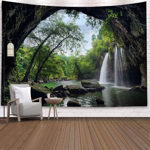 Wandkleed, groen, tapijt, natuurlijke waterval wandkleed, jungle tapijt, bergen tapijt, rotsen, microvezel, wasbaar tapijt, XXL, 300 x 260 cm