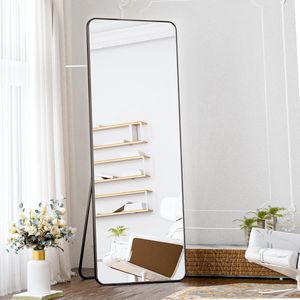 Staande spiegel met afgeronde hoeken, 50 x 150 cm full-body spiegel met standaard, grote vloerspiegel, volledige spiegel, wandhanger voor slaapkamer, woonkamer, zwart