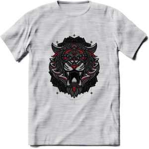 Tijger - Dieren Mandala T-Shirt | Rood | Grappig Verjaardag Zentangle Dierenkop Cadeau Shirt | Dames - Heren - Unisex | Wildlife Tshirt Kleding Kado | - Licht Grijs - Gemaleerd - XL