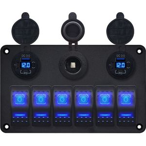 ProRide Schakelpaneel 12V voor Auto/Boot - USB C Stopcontact 6 Poorten met Schakelaar/Voltmeter - QC3.0 - 6 schakelaars + 12V/24V stopcontact - Blauw