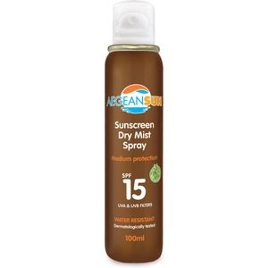 Aegean Sun Sunscreen Dry Mist Spray SPF15 – Water- en Zweetbestendige Zonnespray met Carrot Oil & Vitamine E voor Actieve Bescherming met Verkoelend Effect
