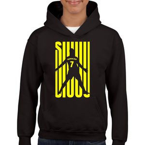 SIUUU uniseks hoodie - Zwart met geel - XL - Extra Large - Lange mouwen - Met capuchon en steekzakken - Normale Pasvorm - Cristiano Ronaldo - CR7 - Voetbal - Juichen - Voor jongens en meisjes - Kwoots - Cadeau - Trui | Sweater