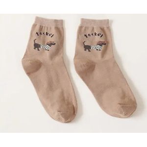 Teckel - sokken - 1 paar sokken - teckelprint - maat 34/39 - bruin - taupe - hond - dachshund - teckelsokken - teckel sokken