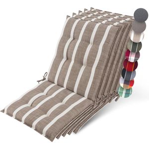 Beautissu Sun-NL – Set van 5 Premium Lage Rugleuning Kussen 100x50 cm - UV-bestendig & 8cm Dik Kussen Tuinstoelkussen Antislip Bevestigingsbanden – Stevige Stof Beige Blanc Gestreept