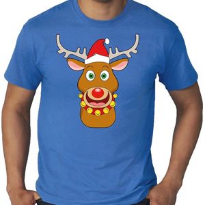 Grote maten fout Kerst t-shirt - Rudolf het rendier met kerstmuts - blauw voor heren - plus size kerstkleding / kerst outfit XXXXL