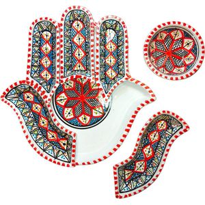 HappyWoods - Rood dipping en serveerset - aardewerk en handgemaakt - 7-delige hand van Fatima (KHOMSA) - Duurzaam Cadeau - Tafelen - Origineel Cadeau