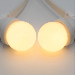 Lichtsnoer wit - 10 meter met 20 lampen - 1W LED melkwitte kap - kleur van gloeilamp (2650K)