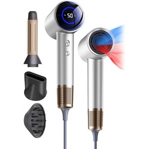 AirGlide - LED Scherm - Föhn met diffusers - Haardroger - 3 Opzetstukken - Luxe Cadeauverpakking - Kristal Wit