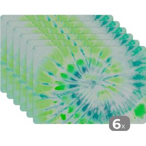 Placemat - Placemats kunststof - 45x30 cm - Tie dye - Hippie - Groen - 6 stuks - Borden onderleggers antislip - Tafel decoratie - Luxe tafelversiering - Tafelmat vinyl - Bord onderlegger - Tafeldecoratie accessoires