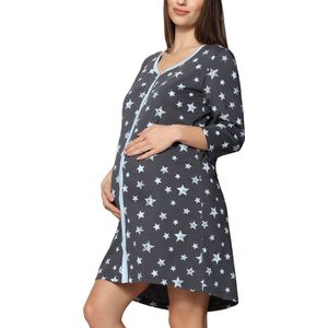 Be Mammy Dames Nachtemd - Nachtjapon - Zwangerschaps Nachthemd - 3/4 mouwen met borstvoedingsfunctie - Katoen - BE-BE20-276-ND - Grafiet Sterren Blauw - XXL