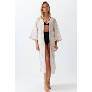 Trendyol Gestreepte Maxi-Jurk Met Riem Van Geweven Linnenmix Strandkimono En Kaftan Tbess24Km00027