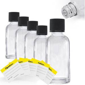 Oputec 5 x 30 ml druppelflesjes van helder glas & etiketten – praktische apothekersflesjes met druppelinzet – lekvrij & herbruikbaar