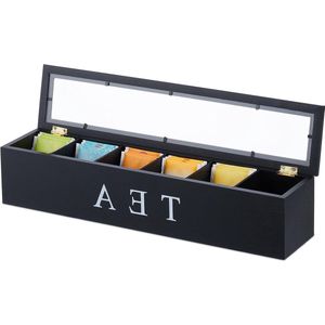 Theedoos 6 vaks bamboe bewaardoos voor thee - 9 x 435 x 9 cm - koffiepads theebox met deksel zwart