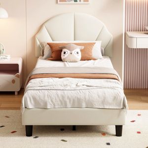 Gestoffeerd eenpersoonsbed 90x200 cm Beige - Velvet Peuterbed voor meisjes, kinderbed met verstelbaar hoofdeinde en lattenbodem, zonder matras