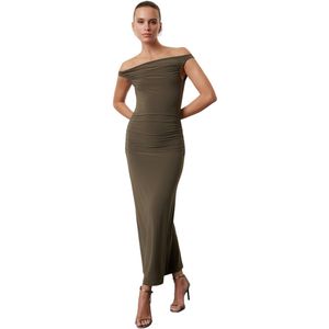 Trendyol Kaki Nauwsluitende Carmen Kraag Gebreide Elegante Avond- En Nachtjurk Tpraw25El00025