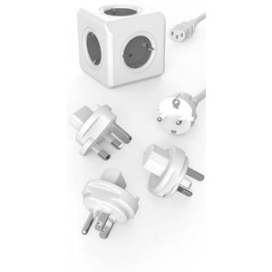 Travel-Cube Rewirable Original - Power-Cube Met 5 Stopcontacten - Meervoudige Stekkerdoos Met Geaarde Kabel - 3 Reisadapters Voor UK - USA Uit - Grijs-Wit