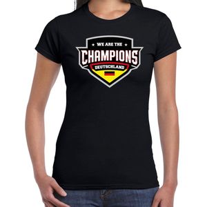 We are the champions Deutschland t-shirt met schild embleem in de kleuren van de Duitse vlag - zwart - dames - Duitsland supporter / Duits elftal fan shirt / EK / WK / kleding S