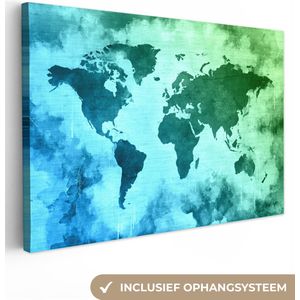 Canvas Wereldkaart - 60x40 - Wanddecoratie Wereldkaart - Blauw - Groen