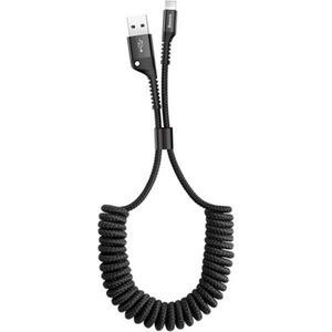 Baseus Gsm oplaadkabel Lightning Naar USB | 1 Meter | Geschikt voor de auto Uitrekbaar | Krulsnoer | Nylon | Geschikt voor iPhone 5,6,7,8,X,XS,XR,11,12,13,14 Mini,Pro Max- Gsm kabel - oplaadkabel - Gsm snoertje - Gsm lader (zwart) CALSR-01