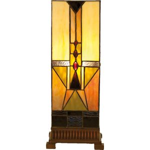 HAES DECO - Tiffany Tafellamp 18x18x45 cm Beige Bruin Glas Vierkant Tiffany Bureaulamp Tiffany Lampen Glas in Lood