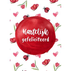 Wenskaart- Van harte gefeliciteerd- Aquarel bloemetjes en hartjes met rode cirkel- Kaart met adresregels- Kwaliteitskaart- 400 grams