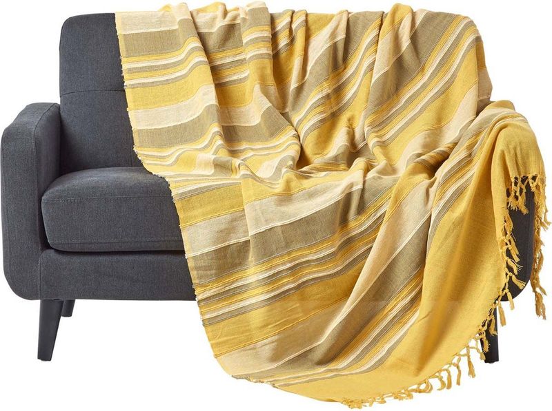 Homescapes - Morocco - Deken - Geel - XXL handgeweven deken met franjes - 255 x 360 cm