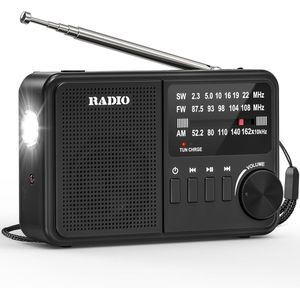 Azomor® Compacte draagbare radio met AMFMSW, Bluetooth en zaklampfunctie