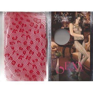 Rode fishnet bodystocking met geweven luipaard print