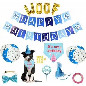 29-delige honden verjaardags set WOOF blauw met goud en wit - huisdier - hond - verjaardag - woof - slinger - ballon - strik - hoed