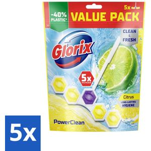 5 x Glorix - Power Clean - Toiletblok - Citrus - Hersluitbare Verpakking - 5 Blokken - Toiletblok - Citroengeur - Hygiëne - Reiniging - Anti-kalk