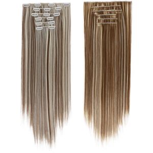 Clip-in haarstukjes set van 6 stuks, rechte nep extensions zonder zichtbare naden, 24 inch hittebestendig synthetisch haar, rechte extensions zonder zichtbare naden voor vrouwen, minimale geur, weinig haaruitval, stijl 3