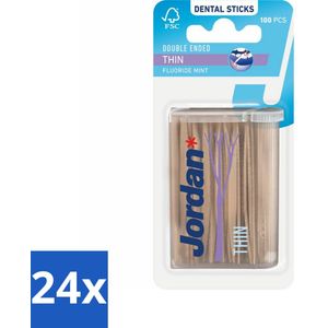 24 x Jordan Tandenstokers Double Ended Thin 100 stuks per verpakking - Tandenstokers - Tandenreiniging - Interdentale Reiniging - Mondhygiëne - Fluoride