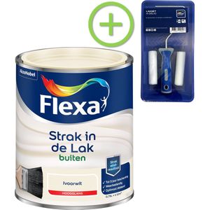 Flexa Strak In De Lak Hoogglans - Buitenverf - Ivoorwit - 0,75 liter + Flexa Lakroller - 4 delig